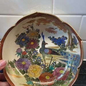 Antique Japanese Satsuma lined Bowl Meiji Period Peacock and Floral